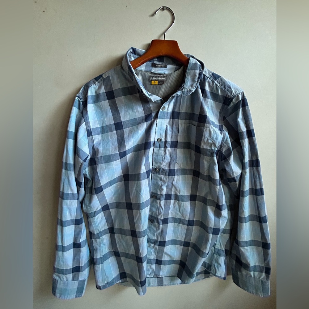 Eddie Bauer Men's Blue and Gray Plaid Shirt